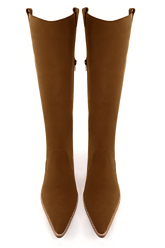 Caramel brown women's cowboy boots. Tapered toe. Medium cone heels. Made to measure. Top view - Florence KOOIJMAN